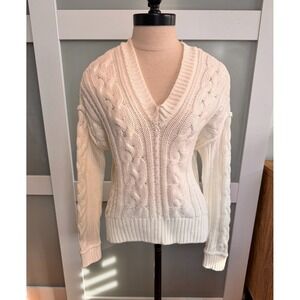 Aeropostale Women's XS Chunky Cable Knit Sweater Cream V-Neck Cotton Blend